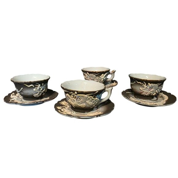 DRAGON Ware Black Moriage Tea Cup and Saucer Japan Demitasse Set Embossed Design - Picture 3 of 16